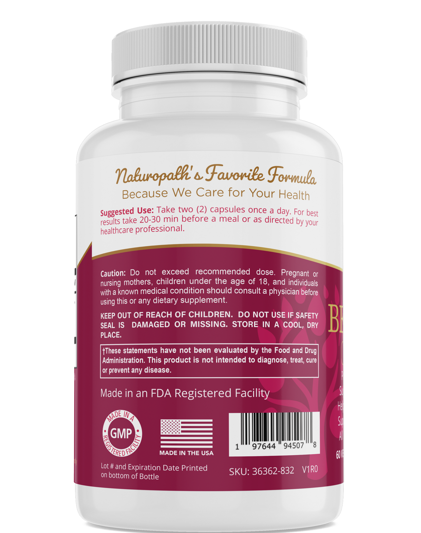 Berberine supplement bottle with usage directions and GMP and made in USA seals
