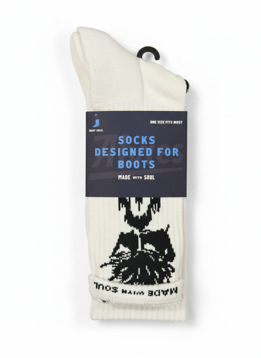Packaged white boot socks with black tree graphic, ribbed crew knit.