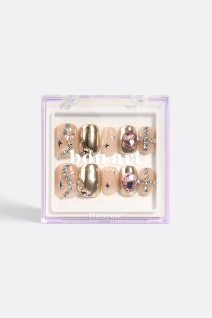 Handmade gel nail set in clear box, gold and silver glitter tips with pink jewels