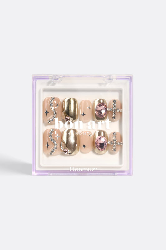 Handmade gel nail set in clear box, gold and silver glitter tips with pink jewels