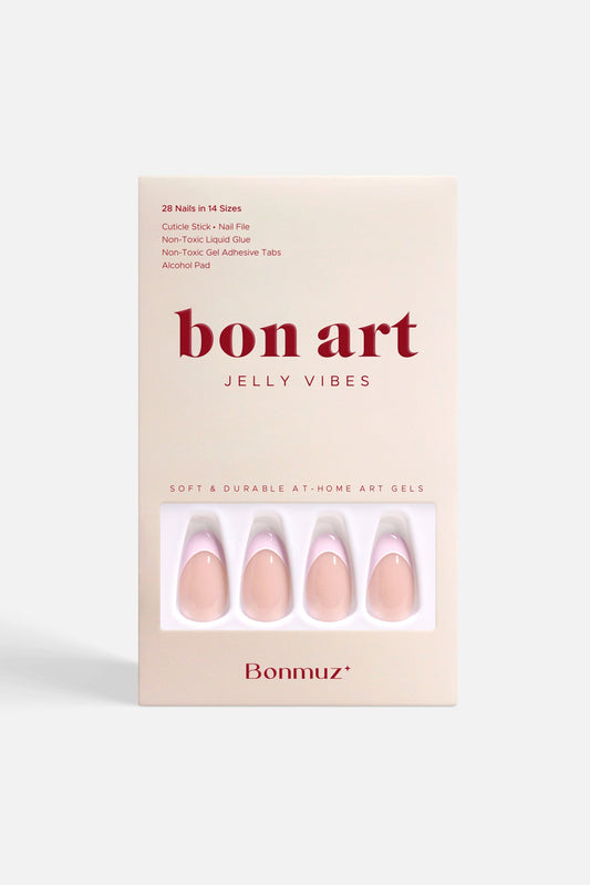 Lavender press-on nails, oval design, shown in a bon art product box