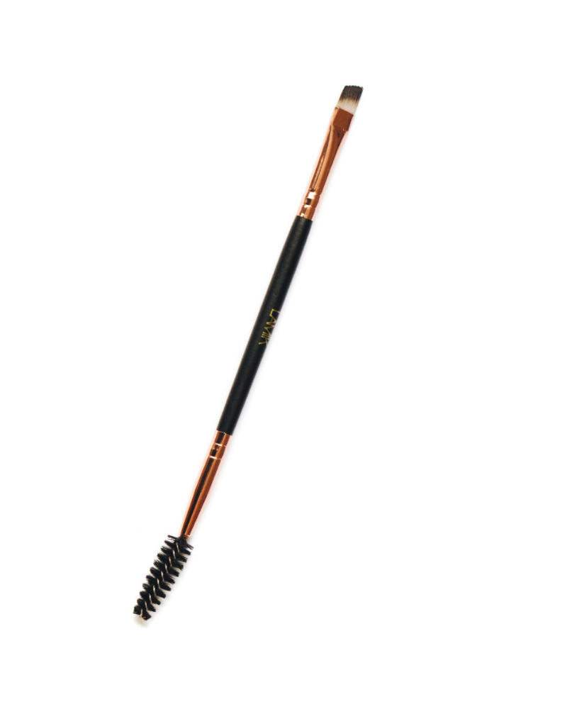 Eyebrow duo brush with spoolie bristles and black handle, copper trim.