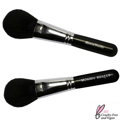 Mineral powder brush set with black handle, soft round bristles, and chrome ferrule.