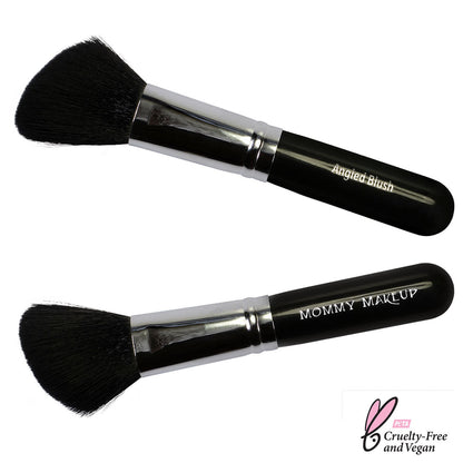 Angled blush brush with black handle, chrome ferrule, and rounded angled bristles