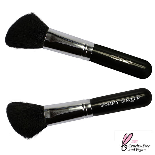 Angled blush brush with black handle, chrome ferrule, and rounded angled bristles