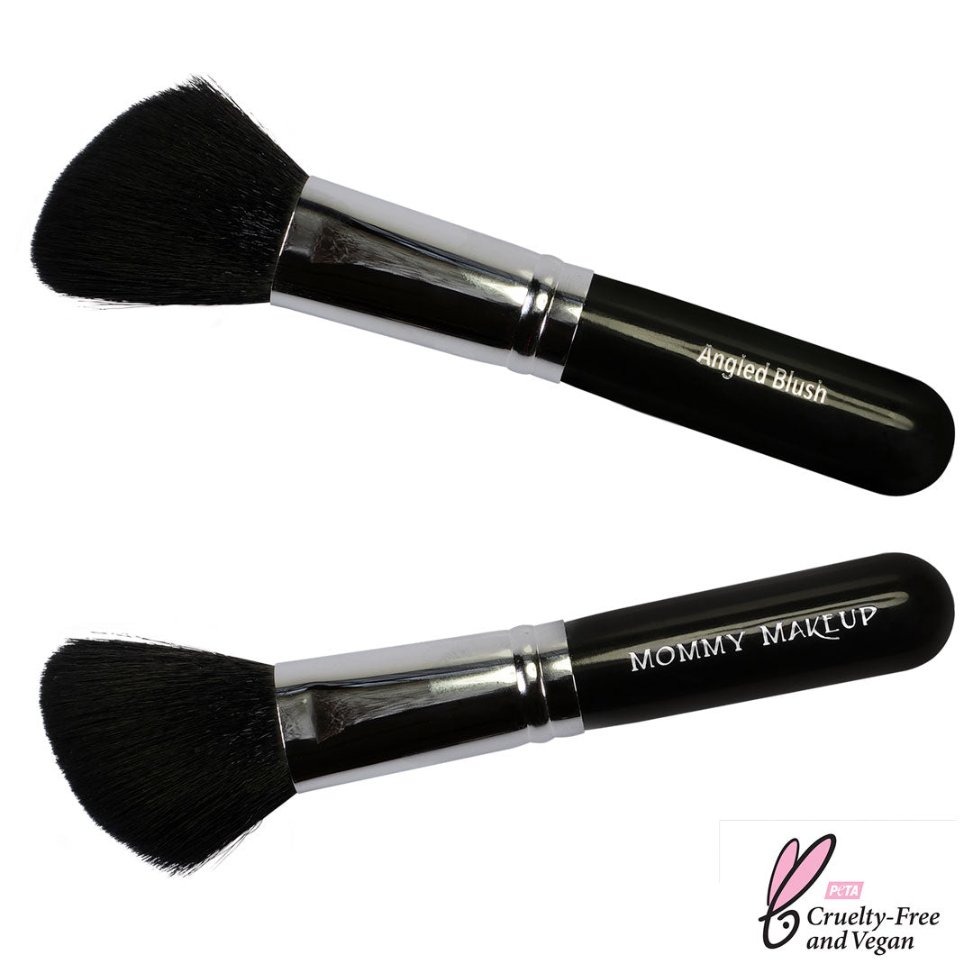 Angled makeup brush pair with black handles and soft bristles