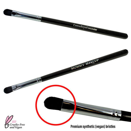 Concealer brush with black handle, silver ferrule, and soft black synthetic bristles