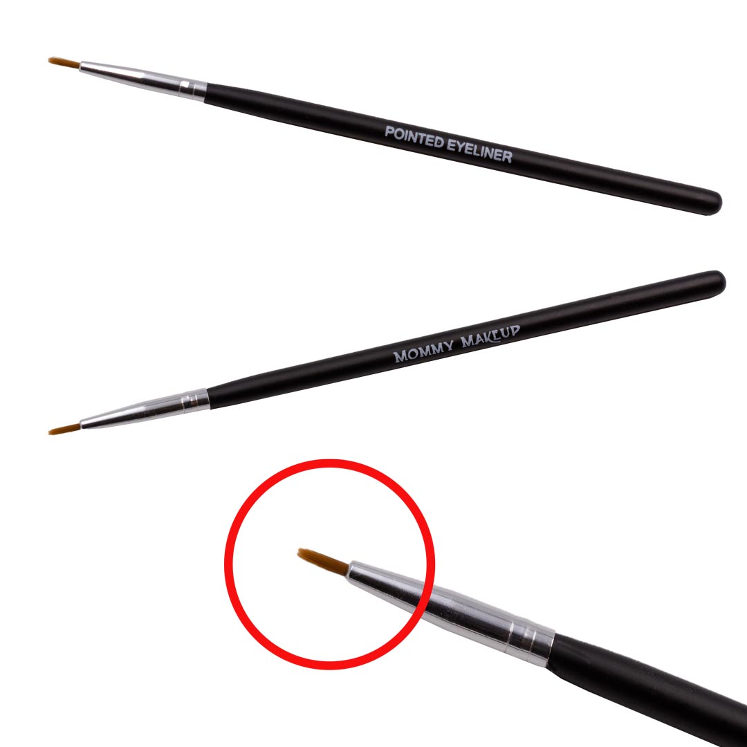 Two pointed eyeliner brushes with slim black handles and fine tapered tips