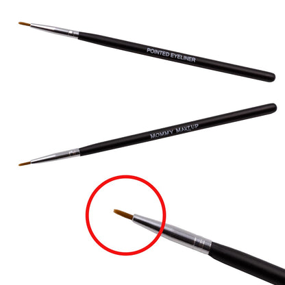 Two pointed eyeliner brushes with slim black handles and fine tapered tips