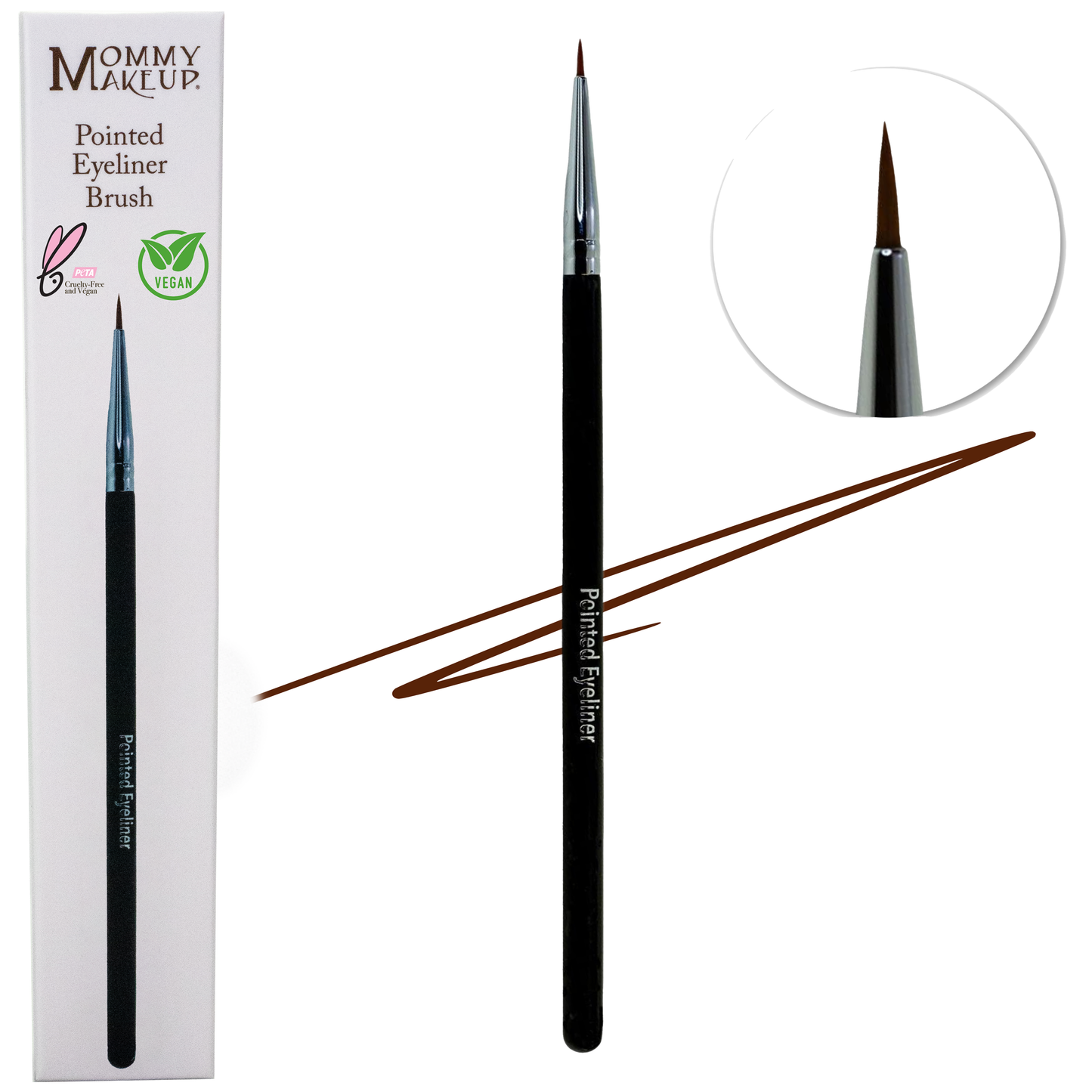 Pointed eyeliner brush set: black handle, silver ferrule, tapered tip shown in box
