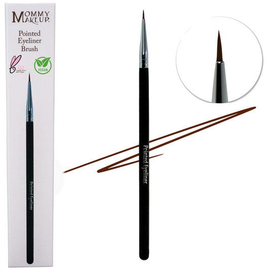 Pointed eyeliner brush set: black handle, silver ferrule, tapered tip shown in box