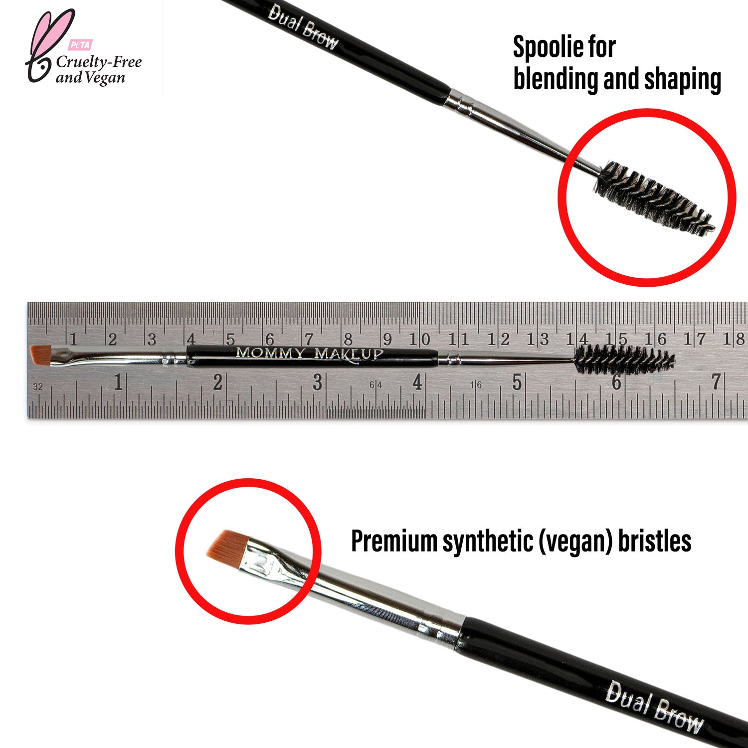 Dual brow brush spoolie end for blending and shaping brows, black handle