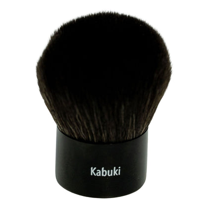 Kabuki makeup brush with full round black bristles and 'Kabuki' label on base