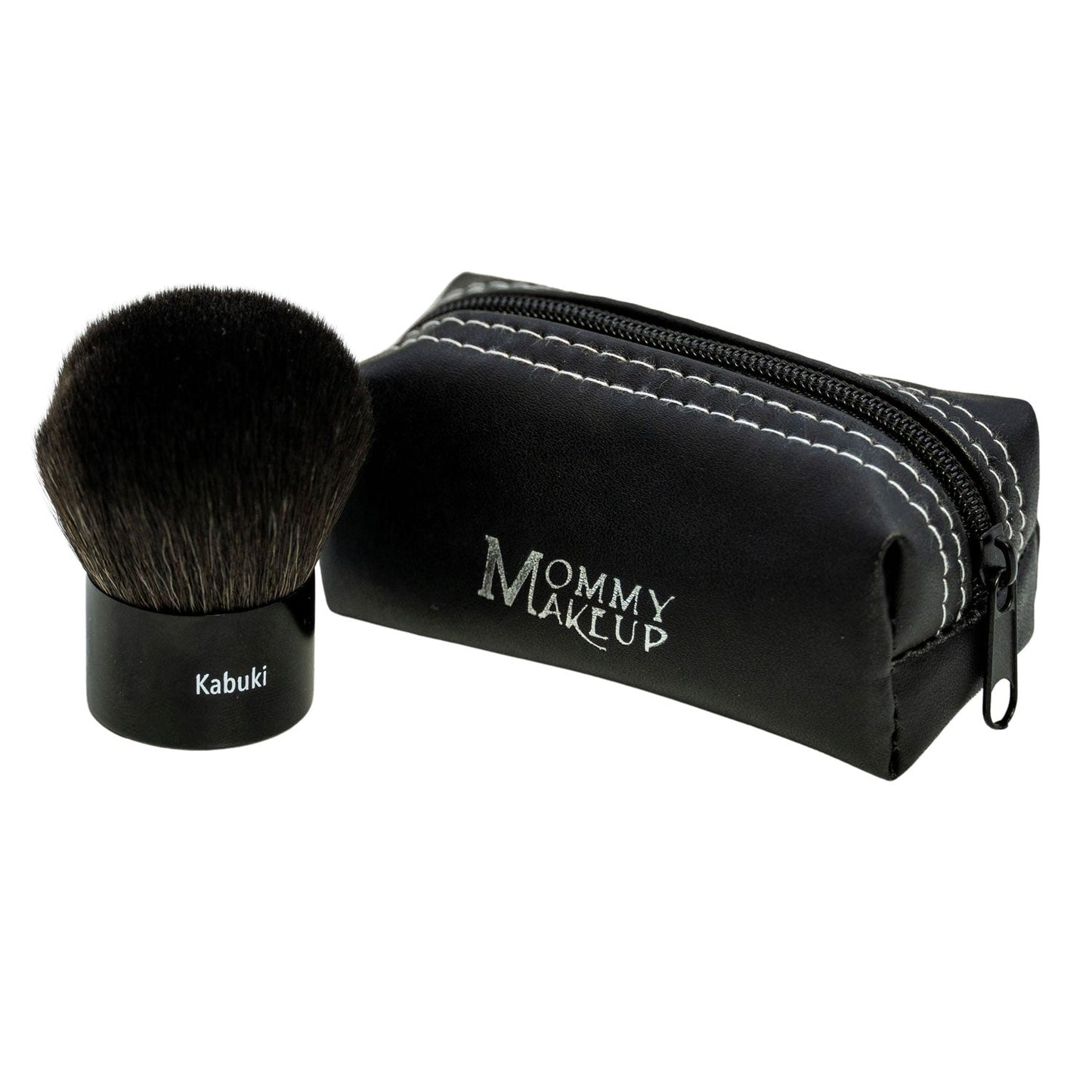 Kabuki makeup brush with black bristles beside zip pouch, Mommy Makeup logo