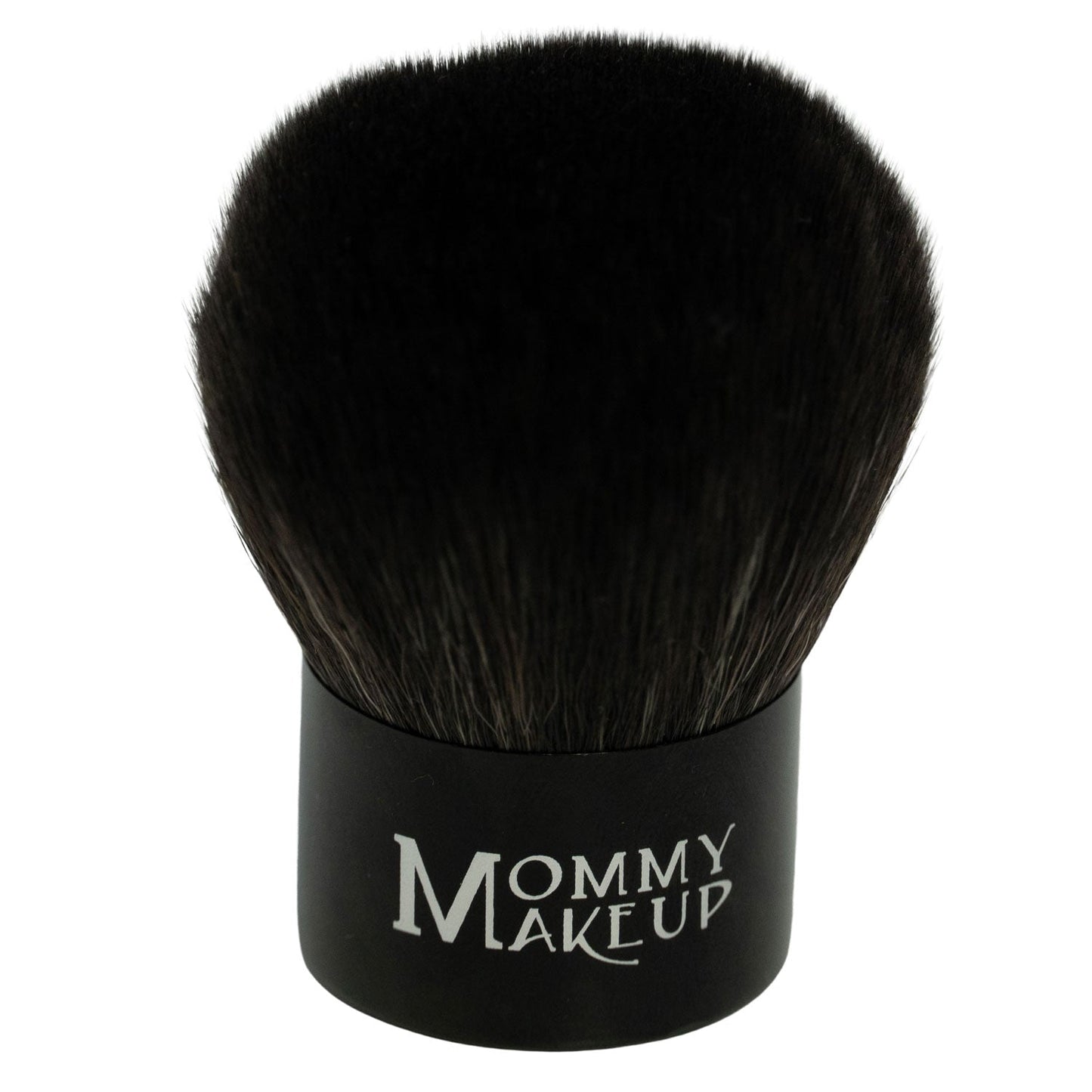 Kabuki makeup brush with dense black bristles and black grip, Mommy Makeup text