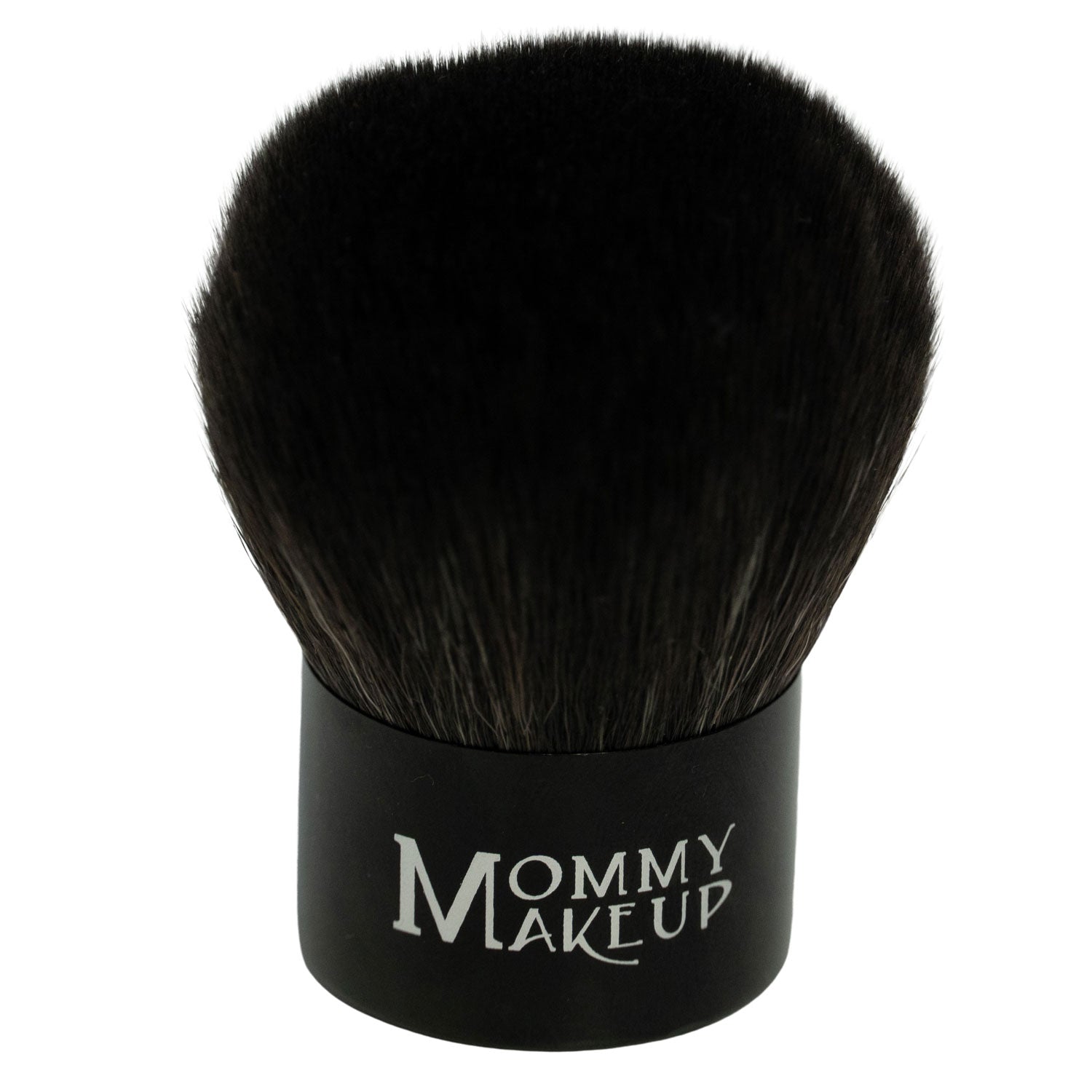 Kabuki makeup brush with dense black bristles and black grip, Mommy Makeup text