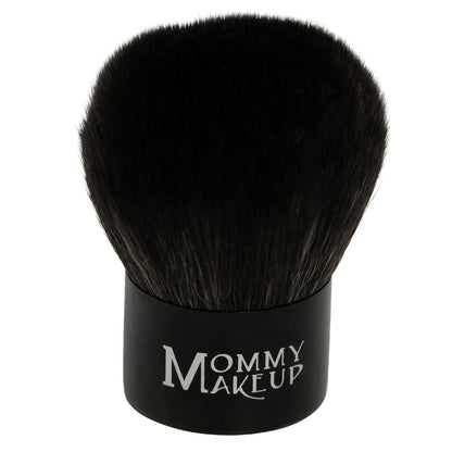 Kabuki makeup brush with dense black bristles and black grip, Mommy Makeup text
