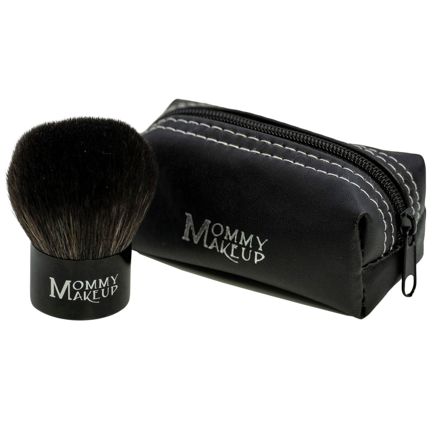 Kabuki makeup brush with black bristles and zip pouch, logo on handle