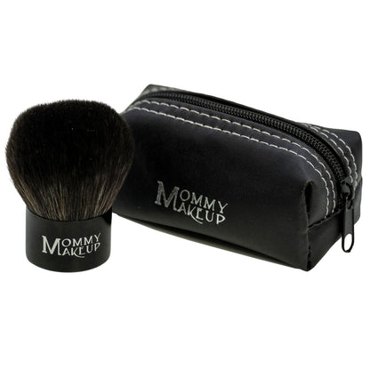 Kabuki makeup brush with black bristles and zip pouch, logo on handle