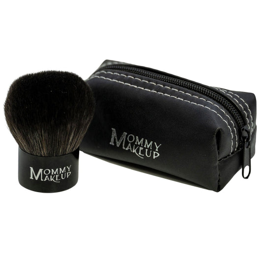 Kabuki makeup brush with black bristles and zip pouch, logo on handle