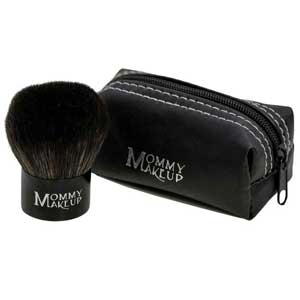 Travel makeup pouch with embossed logo and two attached makeup brushes with bristles