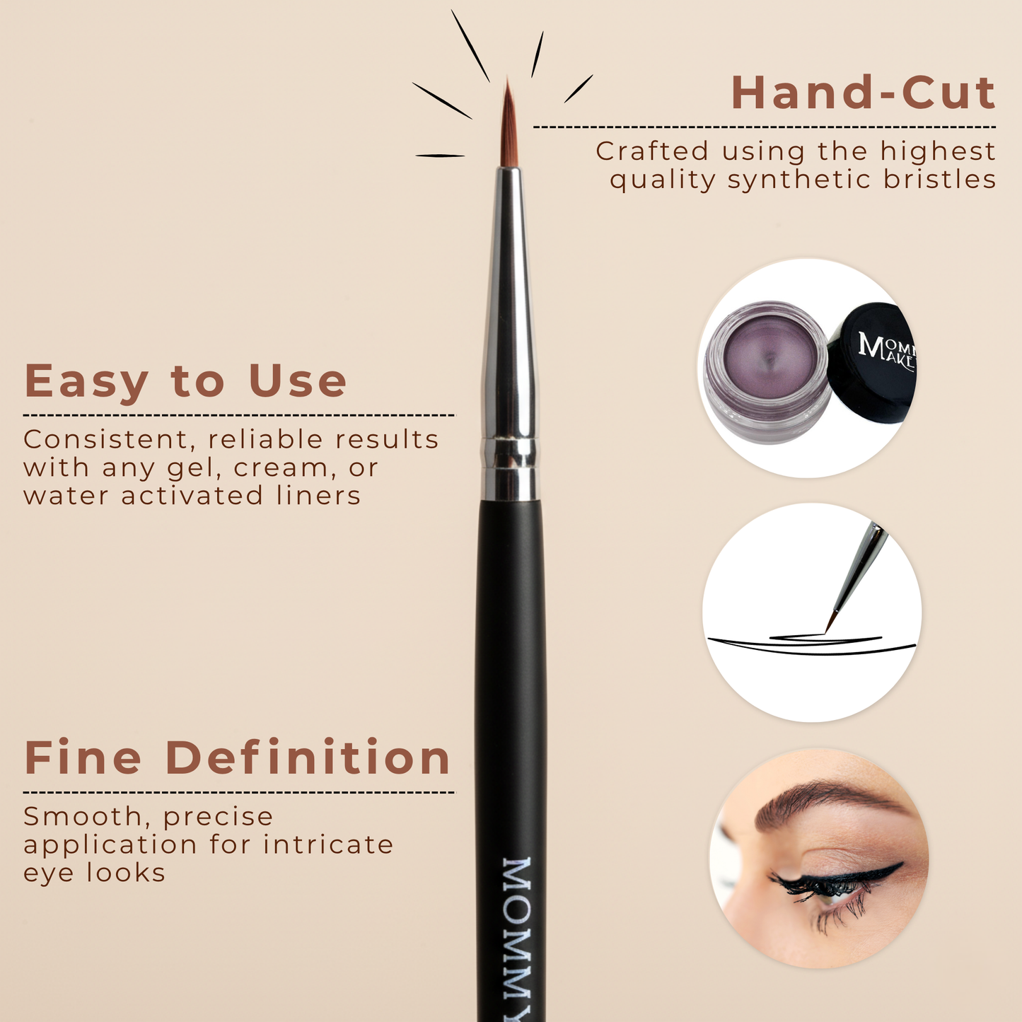 Pointed eyeliner brush with black handle and silver ferrule, fine angled tapered tip