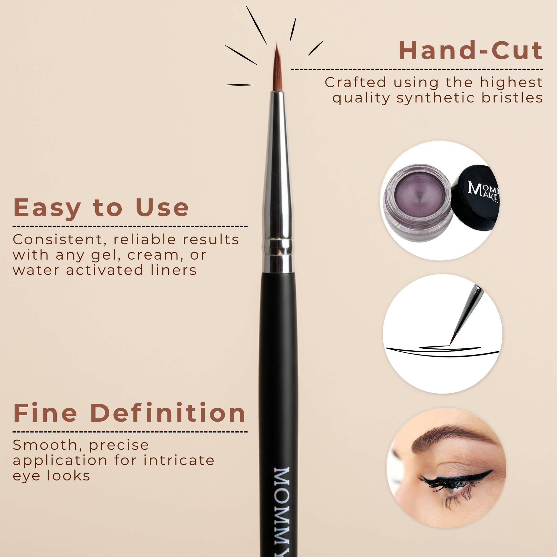 Pointed eyeliner brush with black handle and silver ferrule, fine angled tapered tip