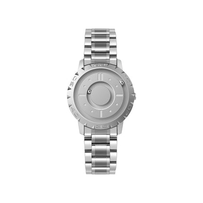 Silver stainless steel men’s watch with light gray dial and metal bracelet