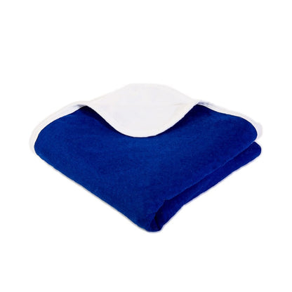 Dark blue baby blanket folded with white inner trim