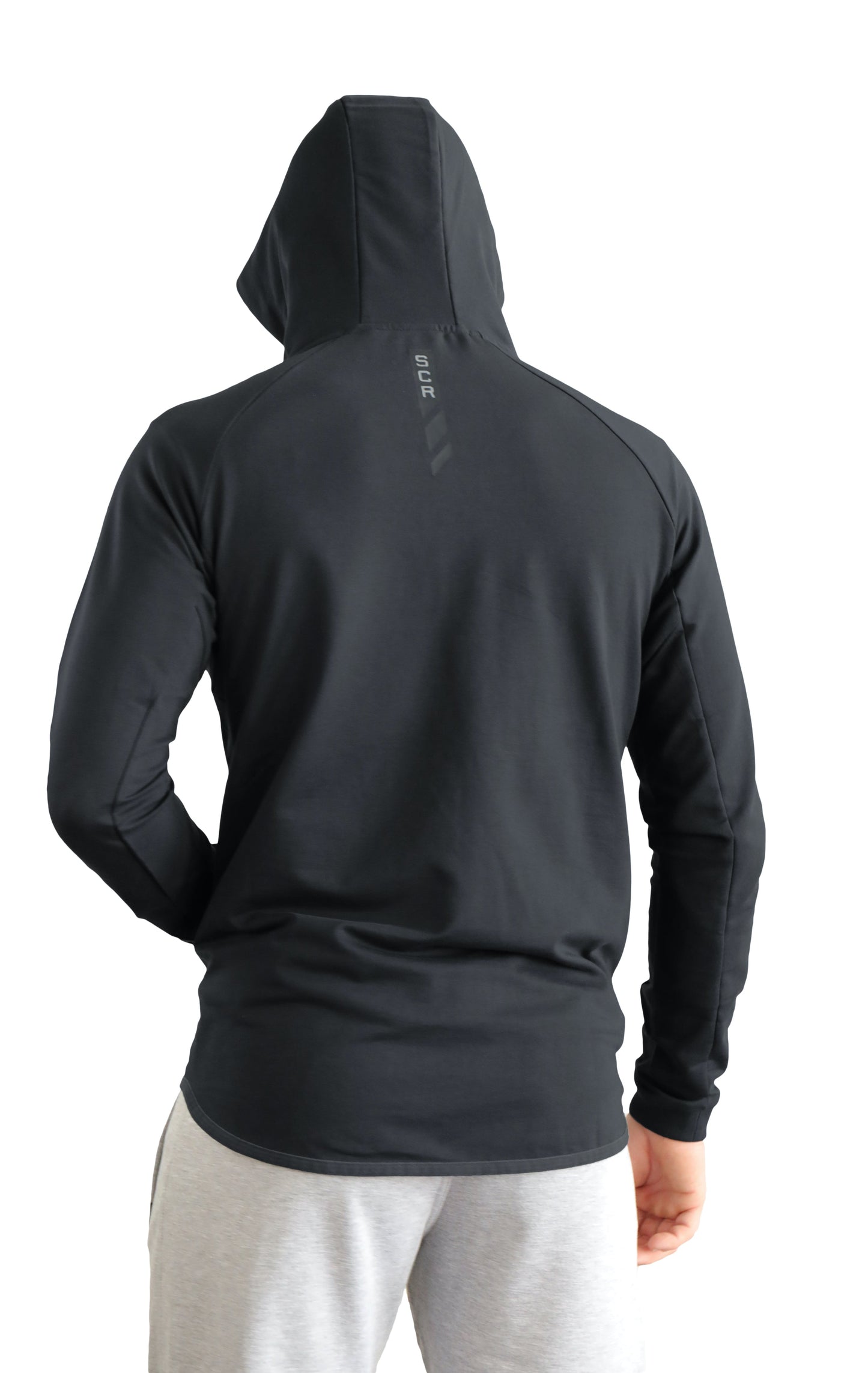 Black slim-fit hooded sweatshirt, back view with hood and full-length sleeves