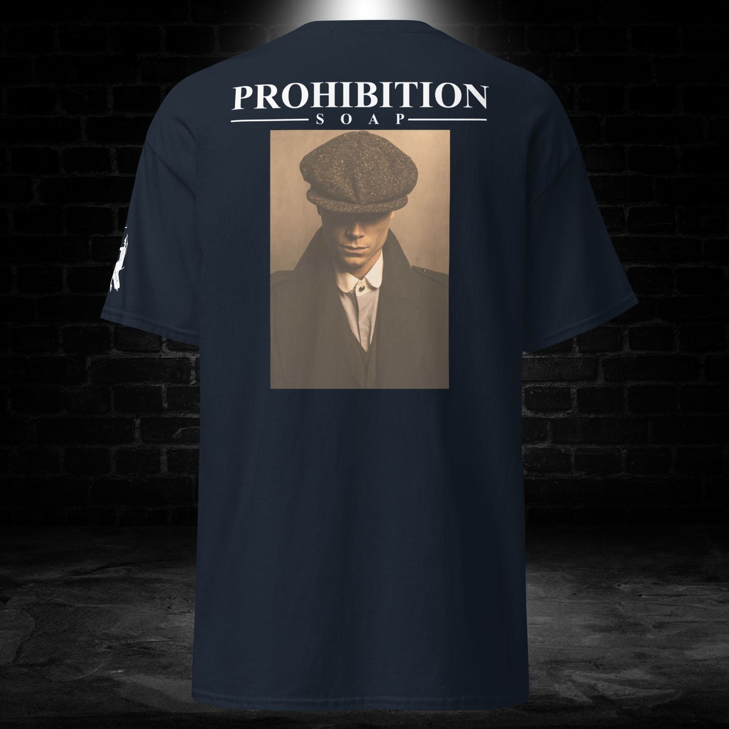 Navy T-shirt back with large Prohibition portrait graphic