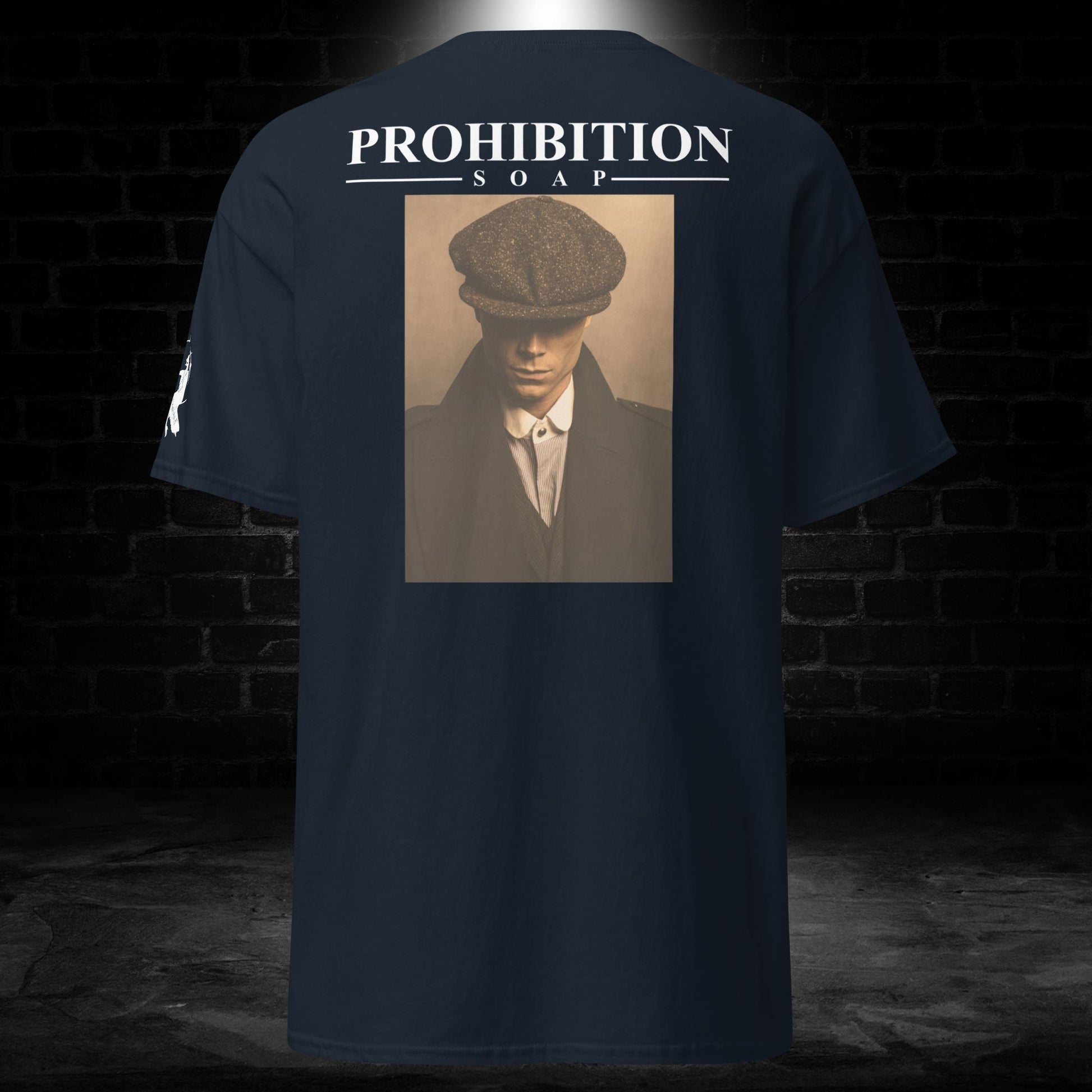 Navy T-shirt back with large Prohibition portrait graphic
