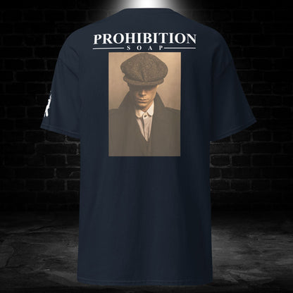Navy T-shirt back with large Prohibition portrait graphic