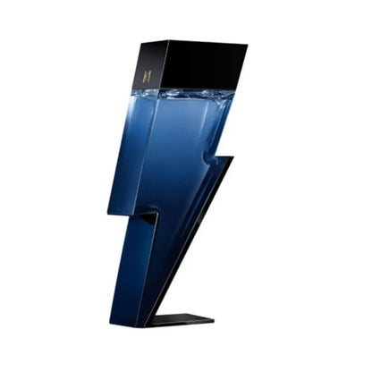 Cobalt blue men’s EDP spray bottle with black cap, shown on an angled stand
