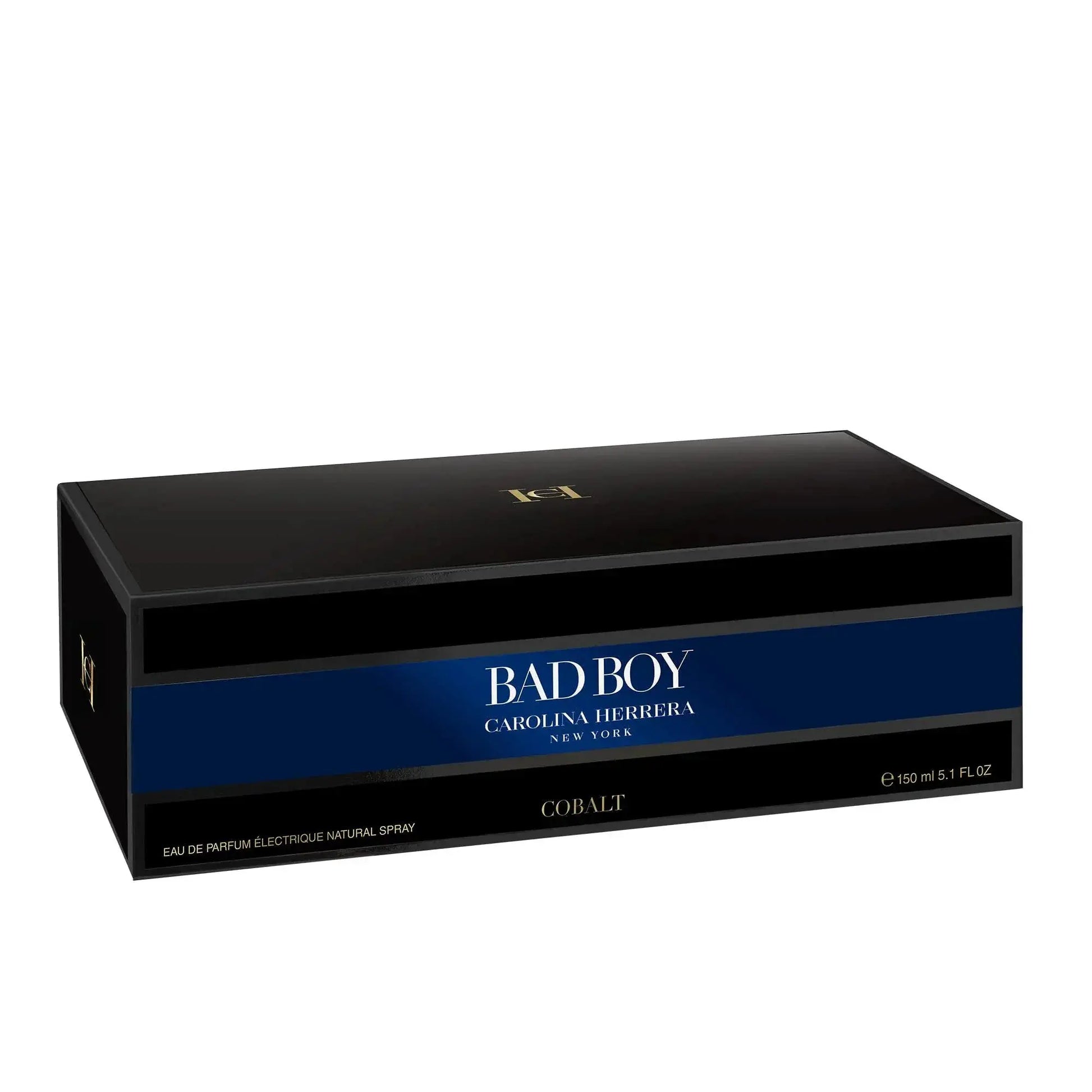 Men’s EDP spray gift box with black top, cobalt blue band, and brand label
