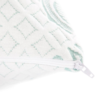 Adjustable cooling pillow with white cover, mint piping, and visible zipper closure