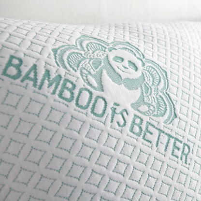 Adjustable cooling pillow close-up: mint logo on white textured fabric cover