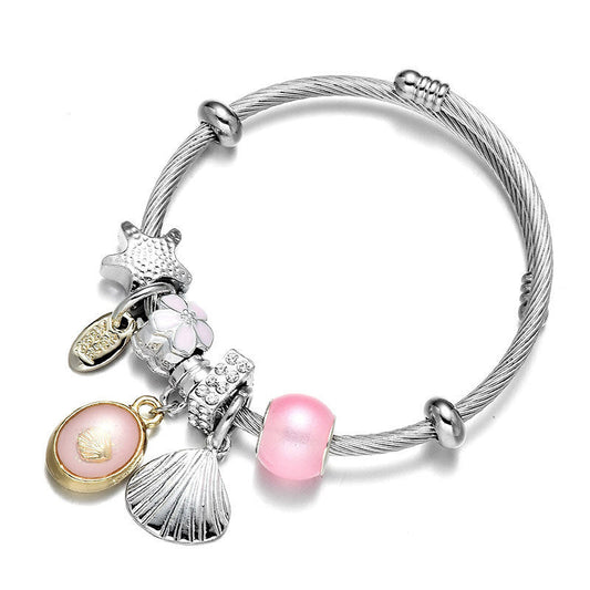 Bangle Bracelet Sea Shell Charm Wrap Silver Fashion Jewelry Stainless Steel Bracelet for Women - Renee Lane Company