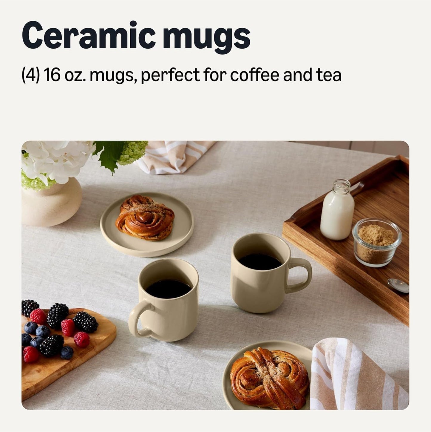 Basics Ceramic Coffee Mugs, Ceramic 4-Piece Set, 16 oz, Microwave and Dishwasher-Safe, Linen Gray - Renee Lane Company
