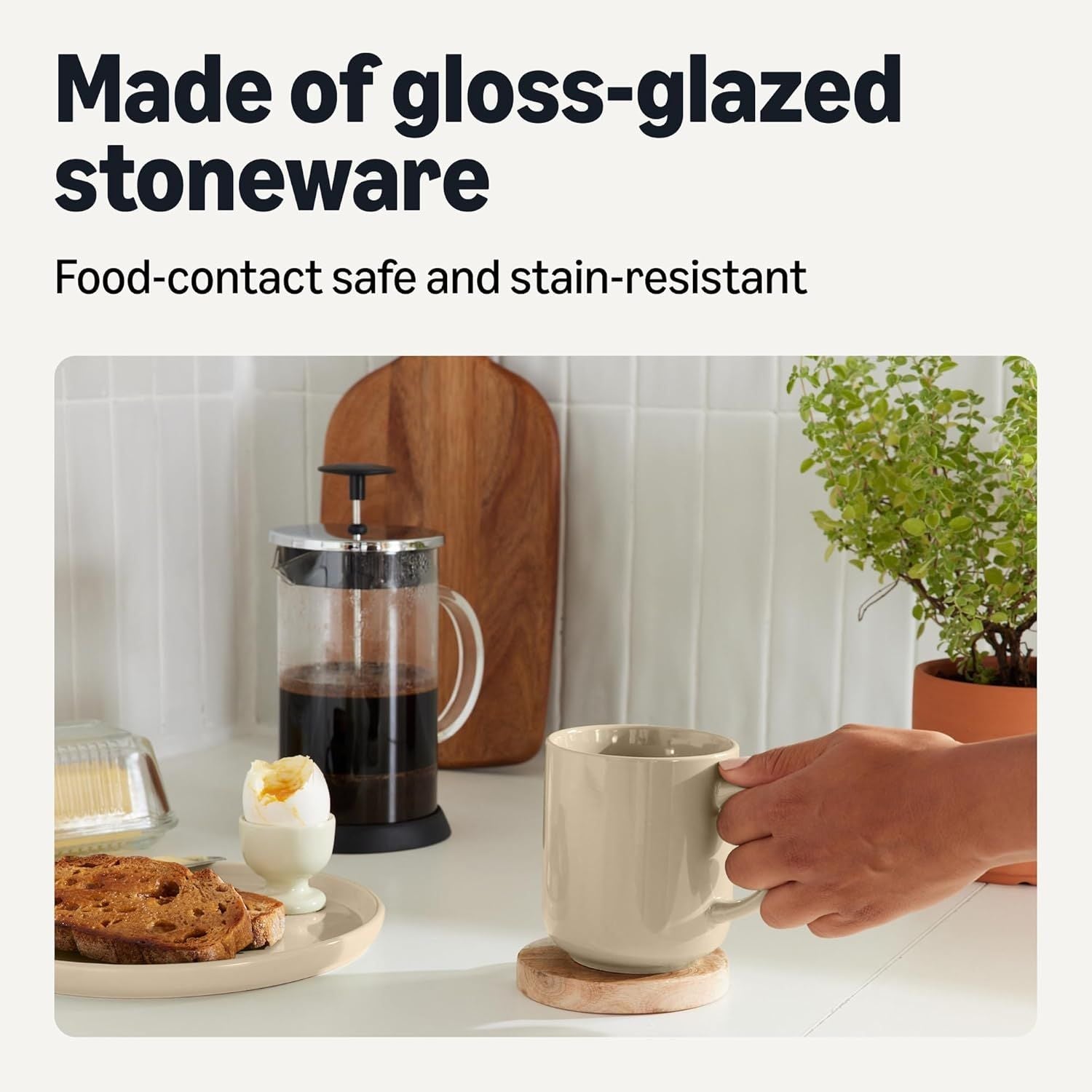Basics Ceramic Coffee Mugs, Ceramic 4-Piece Set, 16 oz, Microwave and Dishwasher-Safe, Linen Gray - Renee Lane Company