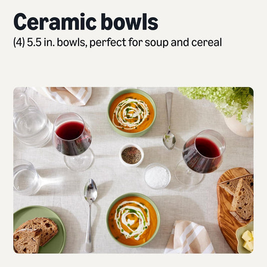 Basics Glazed Stoneware Bowls, 4-Piece Set, Microwave and Dishwasher-Safe, 20 oz. Capacity, 5.5 in., Olive - Renee Lane Company