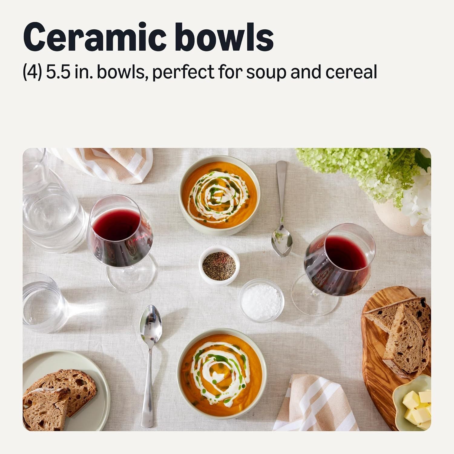 Basics Glazed Stoneware Bowls, 4-Piece Set, Microwave and Dishwasher-Safe, 5.5 in., Ivory - Renee Lane Company
