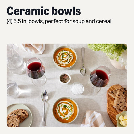 Basics Glazed Stoneware Bowls, 4-Piece Set, Microwave and Dishwasher-Safe, 5.5 in., Ivory - Renee Lane Company