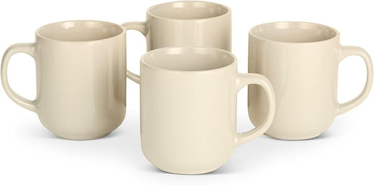 Basics Glazed Stoneware Coffee Mugs, Ceramic 4-Piece Set, 16 oz, Microwave and Dishwasher-Safe, Ivory - Renee Lane Company