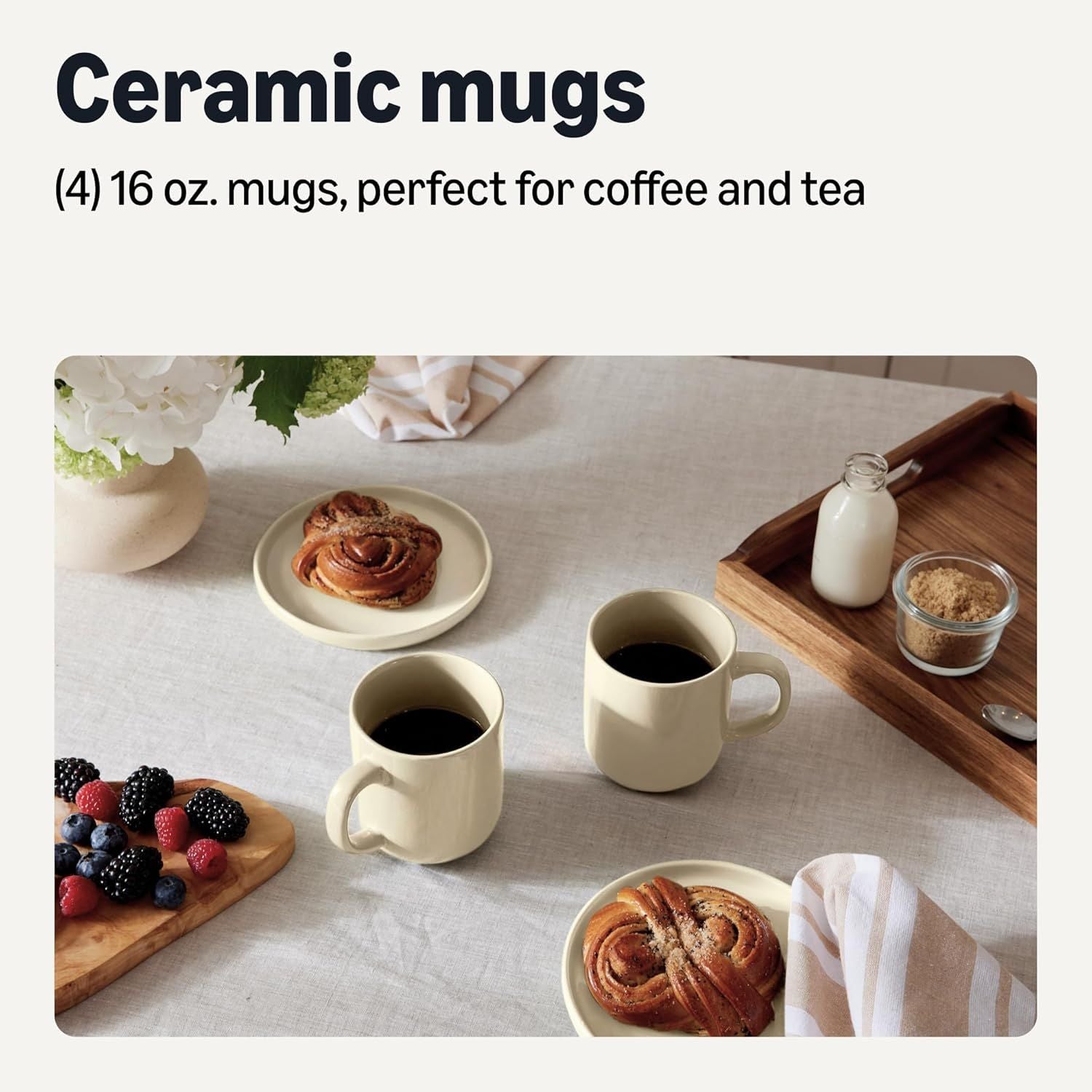 Basics Glazed Stoneware Coffee Mugs, Ceramic 4-Piece Set, 16 oz, Microwave and Dishwasher-Safe, Ivory - Renee Lane Company