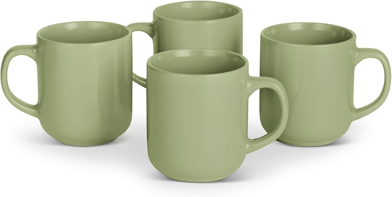 Basics Glazed Stoneware Coffee Mugs, Ceramic 4-Piece Set, 16 oz, Microwave and Dishwasher-Safe, Olive - Renee Lane Company