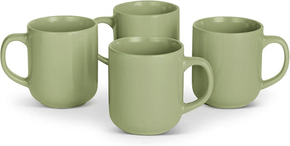 Basics Glazed Stoneware Coffee Mugs, Ceramic 4-Piece Set, 16 oz, Microwave and Dishwasher-Safe, Olive - Renee Lane Company