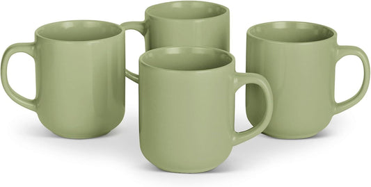 Basics Glazed Stoneware Coffee Mugs, Ceramic 4-Piece Set, 16 oz, Microwave and Dishwasher-Safe, Olive - Renee Lane Company