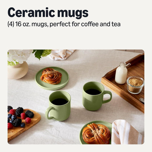 Basics Glazed Stoneware Coffee Mugs, Ceramic 4-Piece Set, 16 oz, Microwave and Dishwasher-Safe, Olive - Renee Lane Company