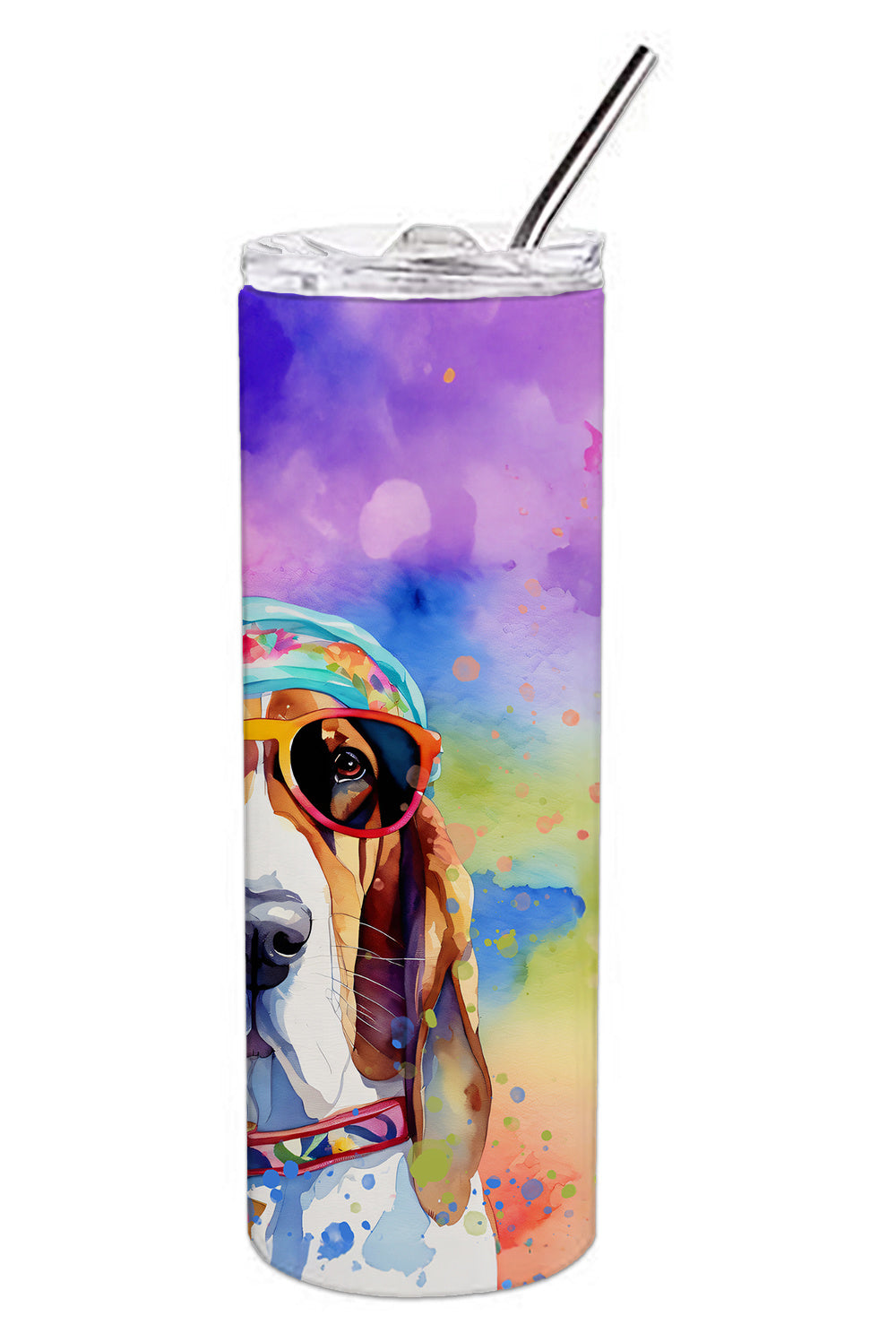 Basset Hound Hippie Dawg Stainless Steel Skinny Tumbler Vacuum Double Walled Reusable Insulated Tumbler Travel Cup for Coffee Cocktails Gift with Lid, 20 oz - Renee Lane Company
